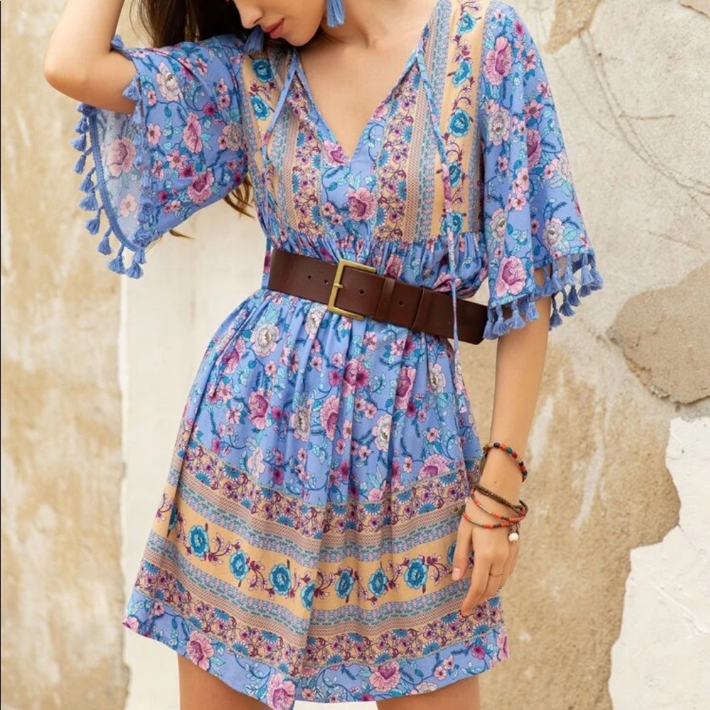 Boho floral print fringe trim dress- BLUE - Picture 4 of 14